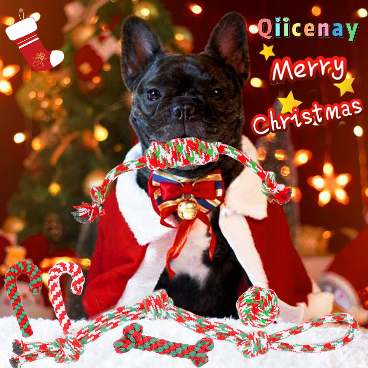 Qiicenay Christmas dog rope toys set for indoor or outdoor holiday fun.