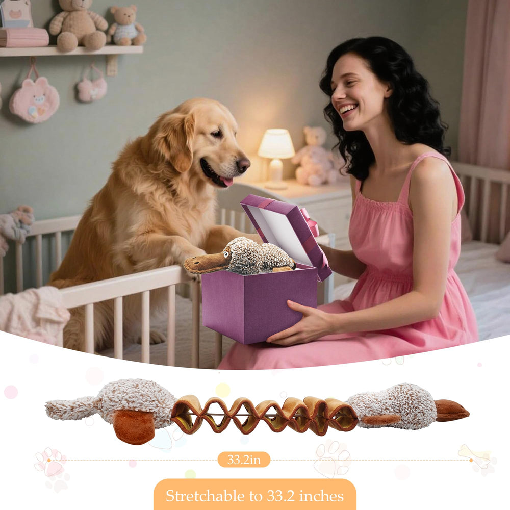 Qiiiiian platypus toy action shot shows dog engaged during independent playtime