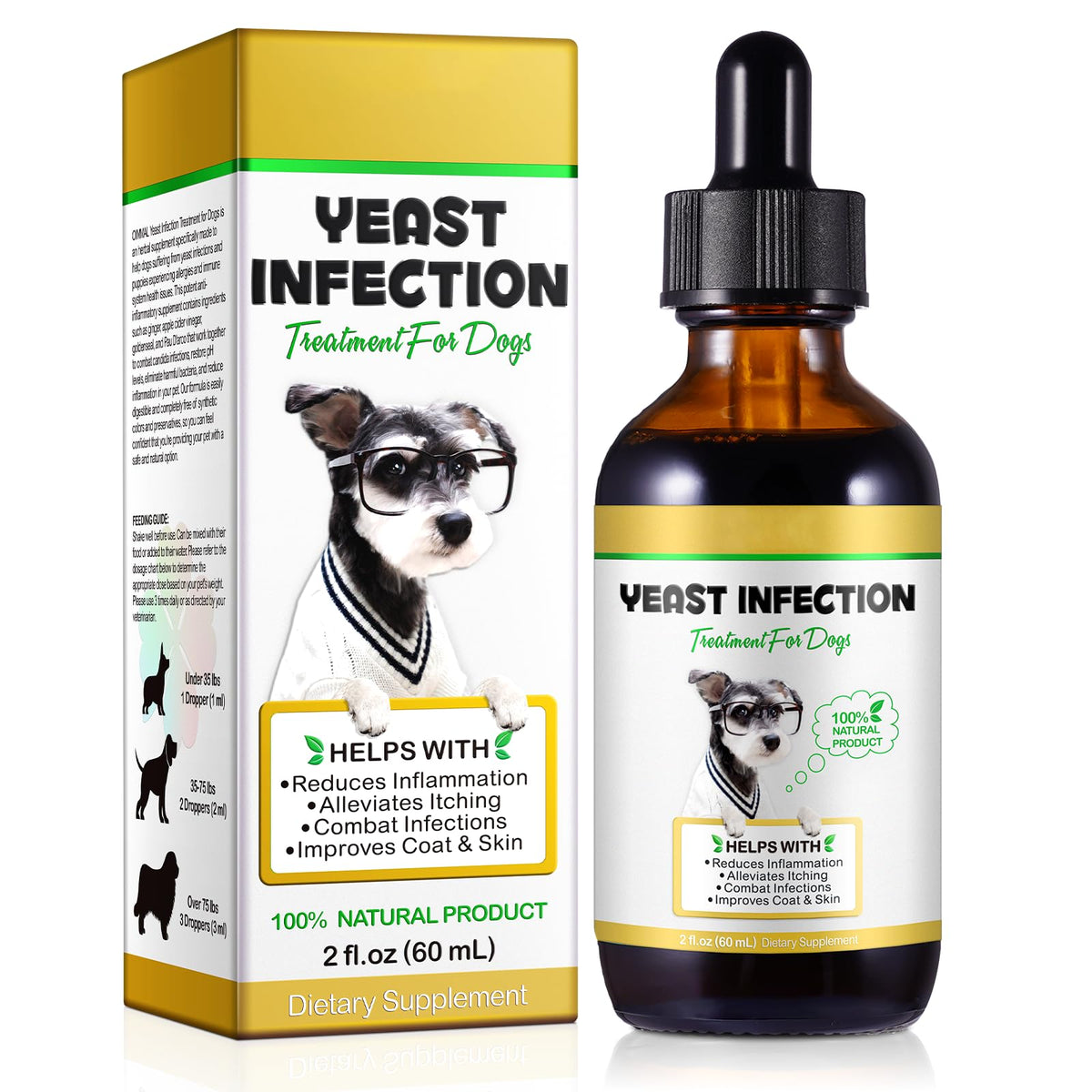 Qing Yo dog-yeast-treatment bottle showing natural formula for healthy skin and coat.