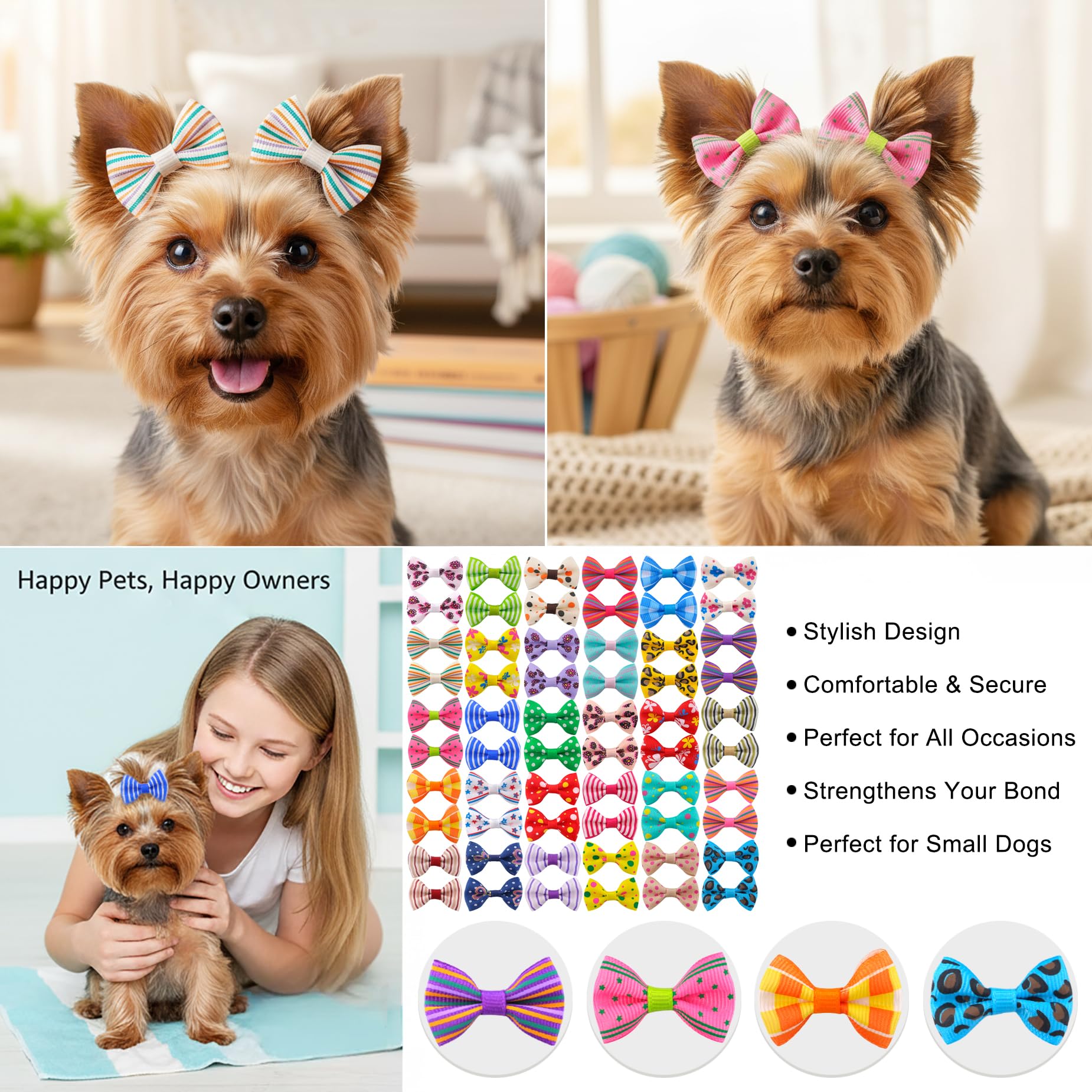 QingHan dog hair bows alligator clip closeup demonstrates secure attachment for active dogs.