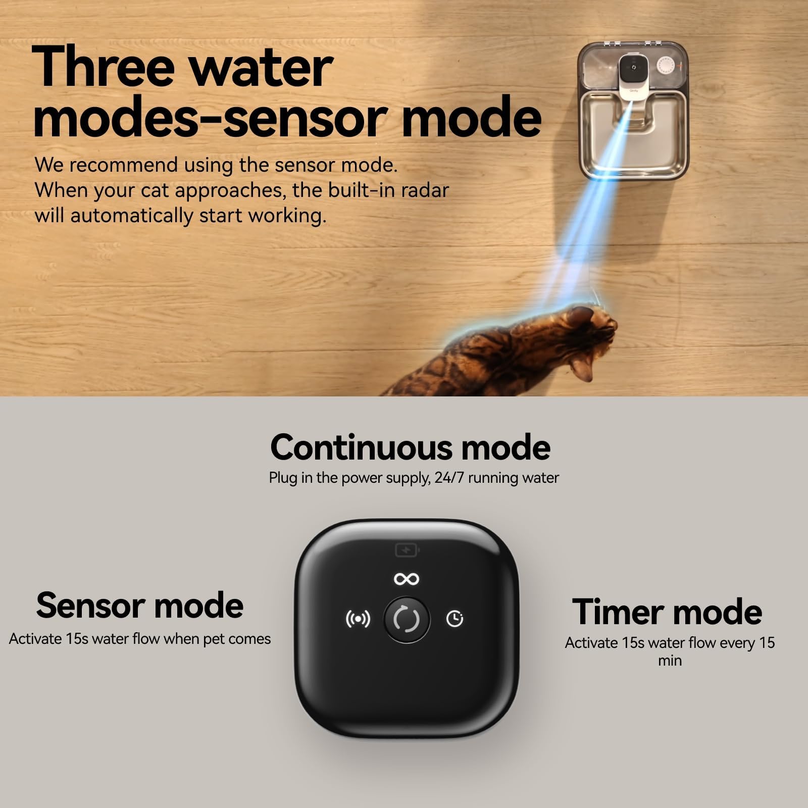 Qinliy motion-sensor feature detects a nearby pet and starts water flow.