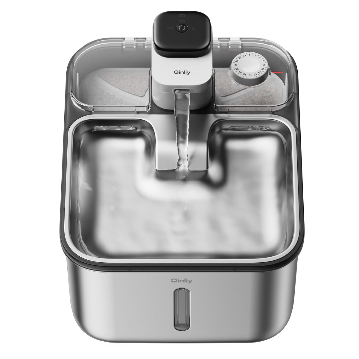 Qinliy stainless steel cat water fountain front view shows large capacity for steady hydration.