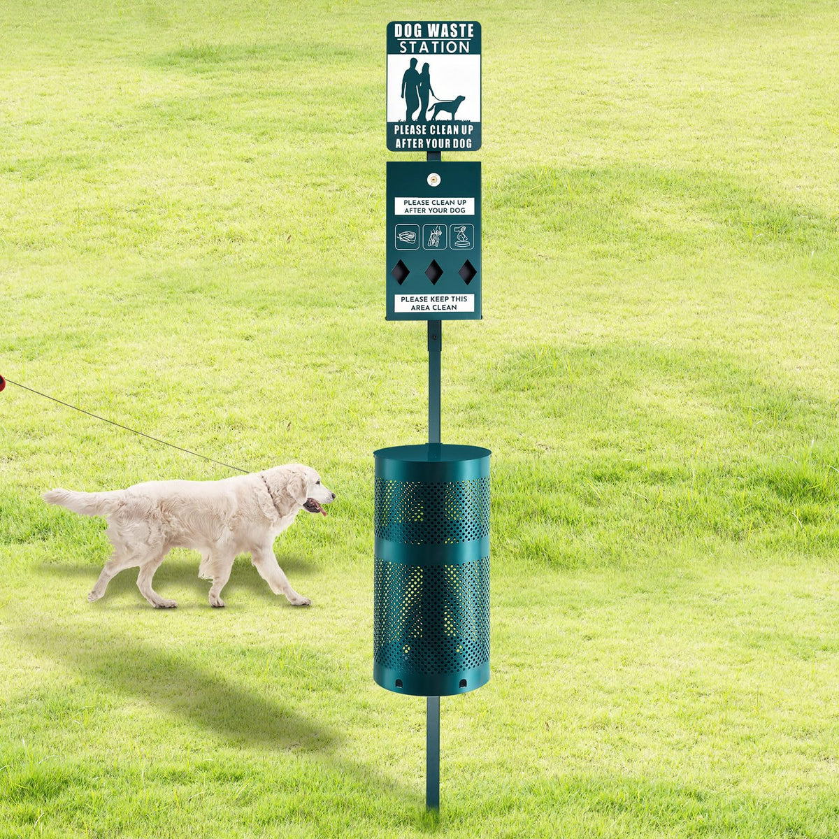 Qinyoung dog waste station front view highlights rust-proof durability for outdoor spaces.