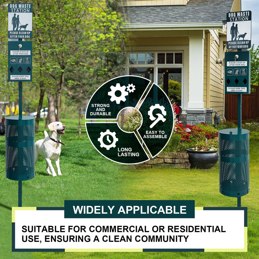 Qinyoung dog waste station packaging and tools illustration for easy setup.