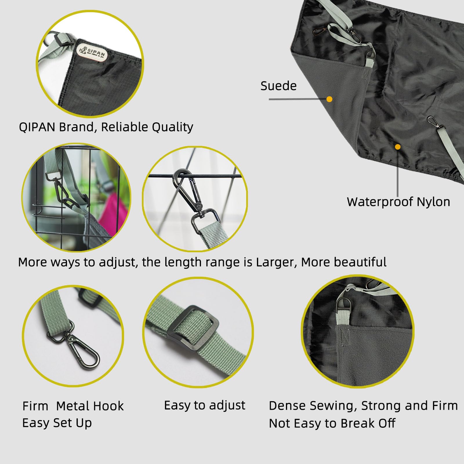 QIPAN cat hammock demonstrates extended adjustable webbing for versatile hanging.