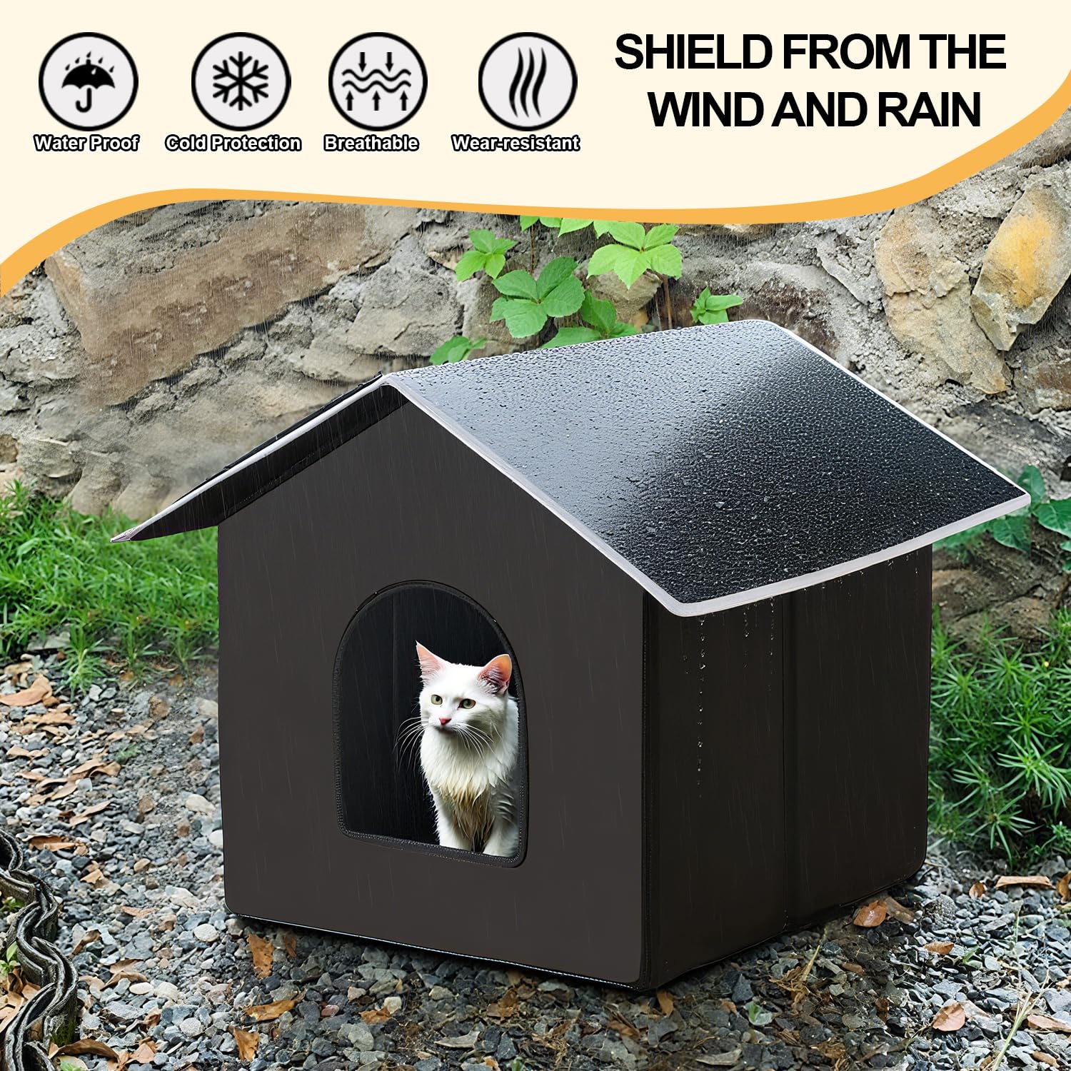 QIPUVOFY outdoor pet shelter side view emphasizes portable design for easy transport.