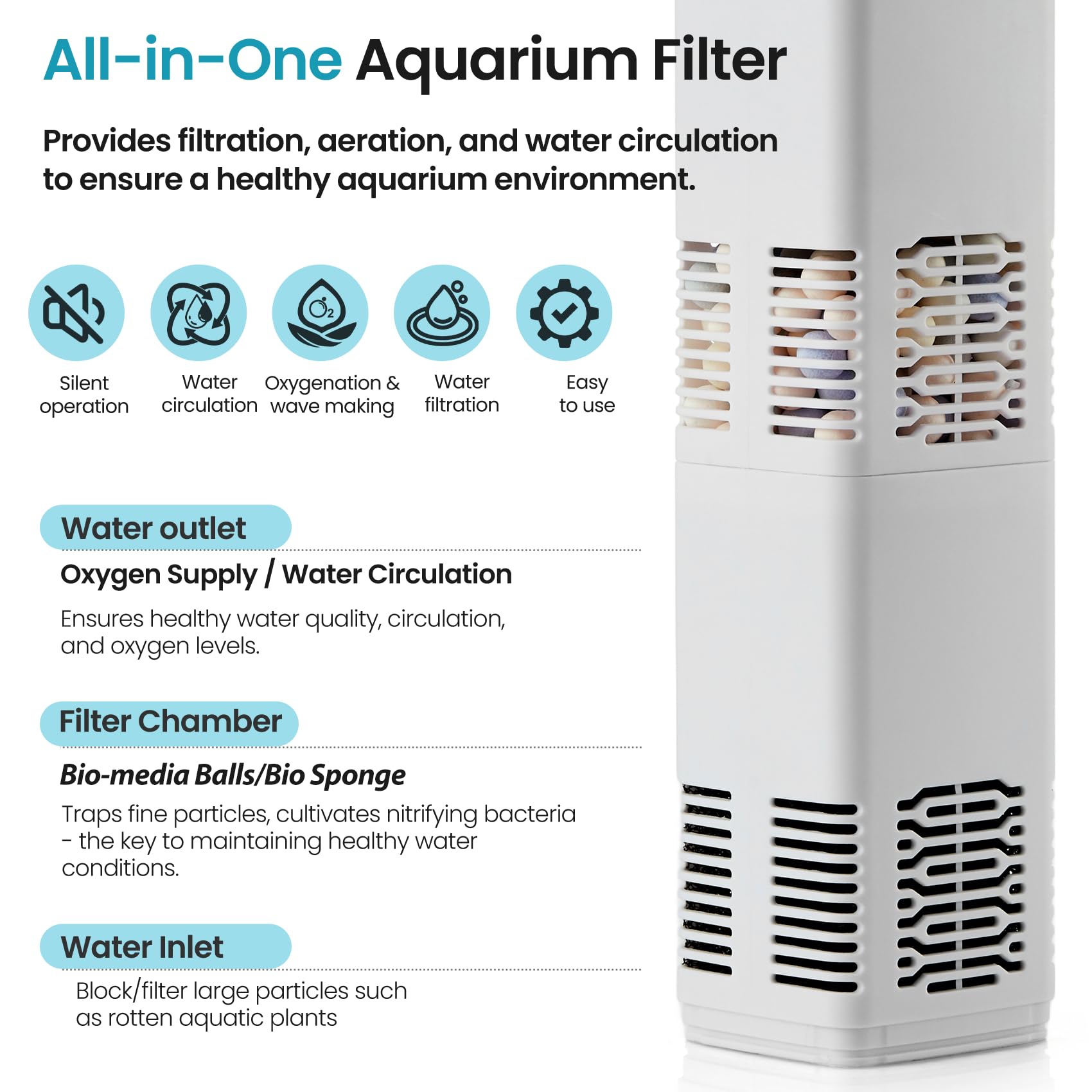 QiQiWader aquarium filter control knob highlights adjustable oxygenation for varied aquarium needs.