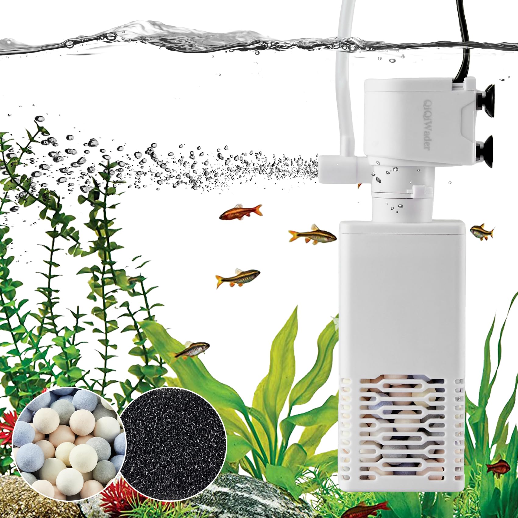 QiQiWader aquarium filter side view demonstrates compact design for 10-40 gallon tanks.