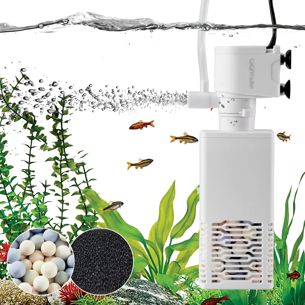 QiQiWader aquarium filter side view demonstrates compact design for 10-40 gallon tanks.