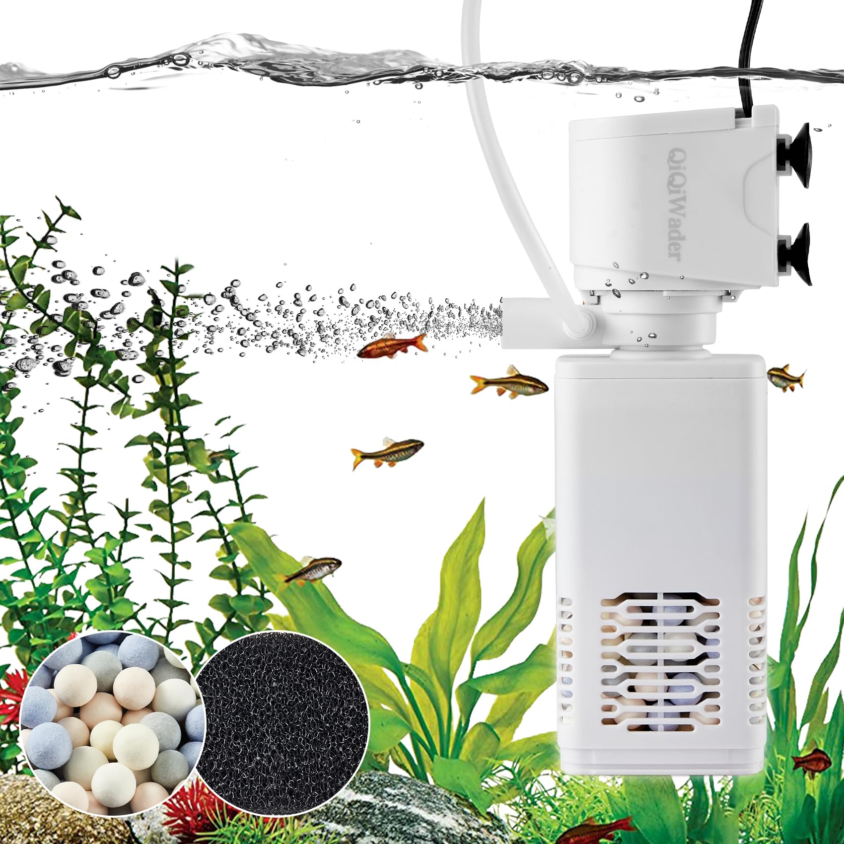 QiQiWader aquarium filter unit close-up highlighting compact, space-saving design for tanks