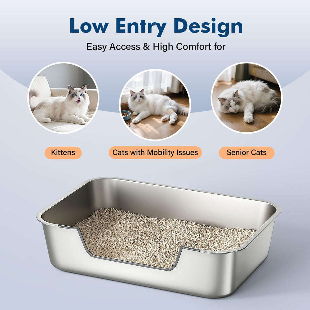 Qiuma stainless steel litter box interior close-up shows smooth non-stick surface for quick cleaning.