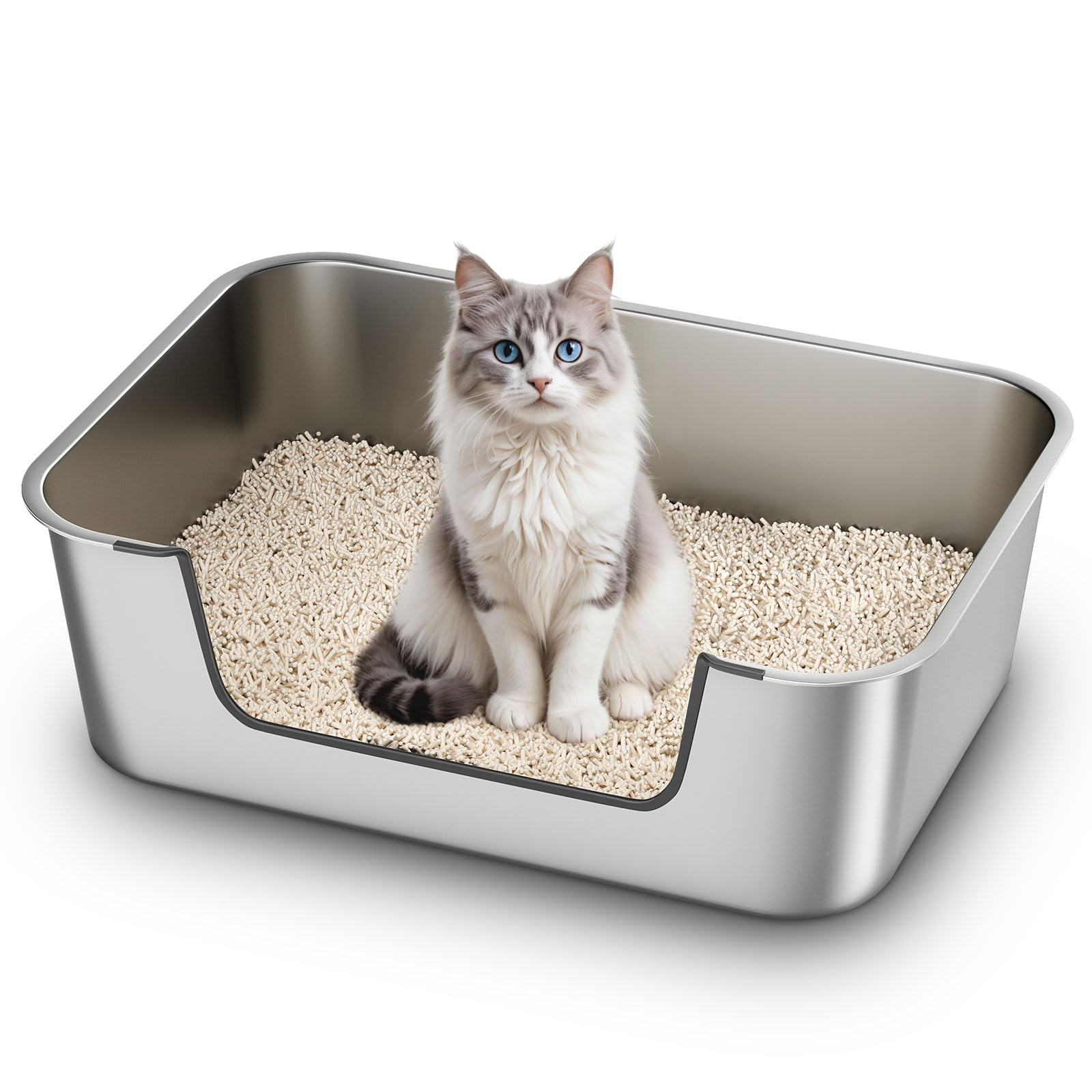 Qiuma stainless steel litter box front view showing low-entry design for easy access