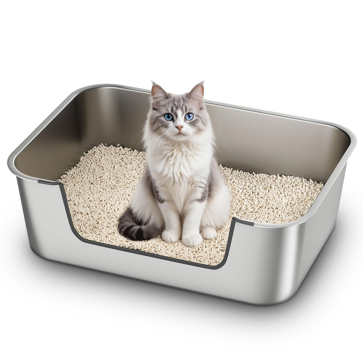 Qiuma stainless steel litter box front view showing low-entry design for easy access