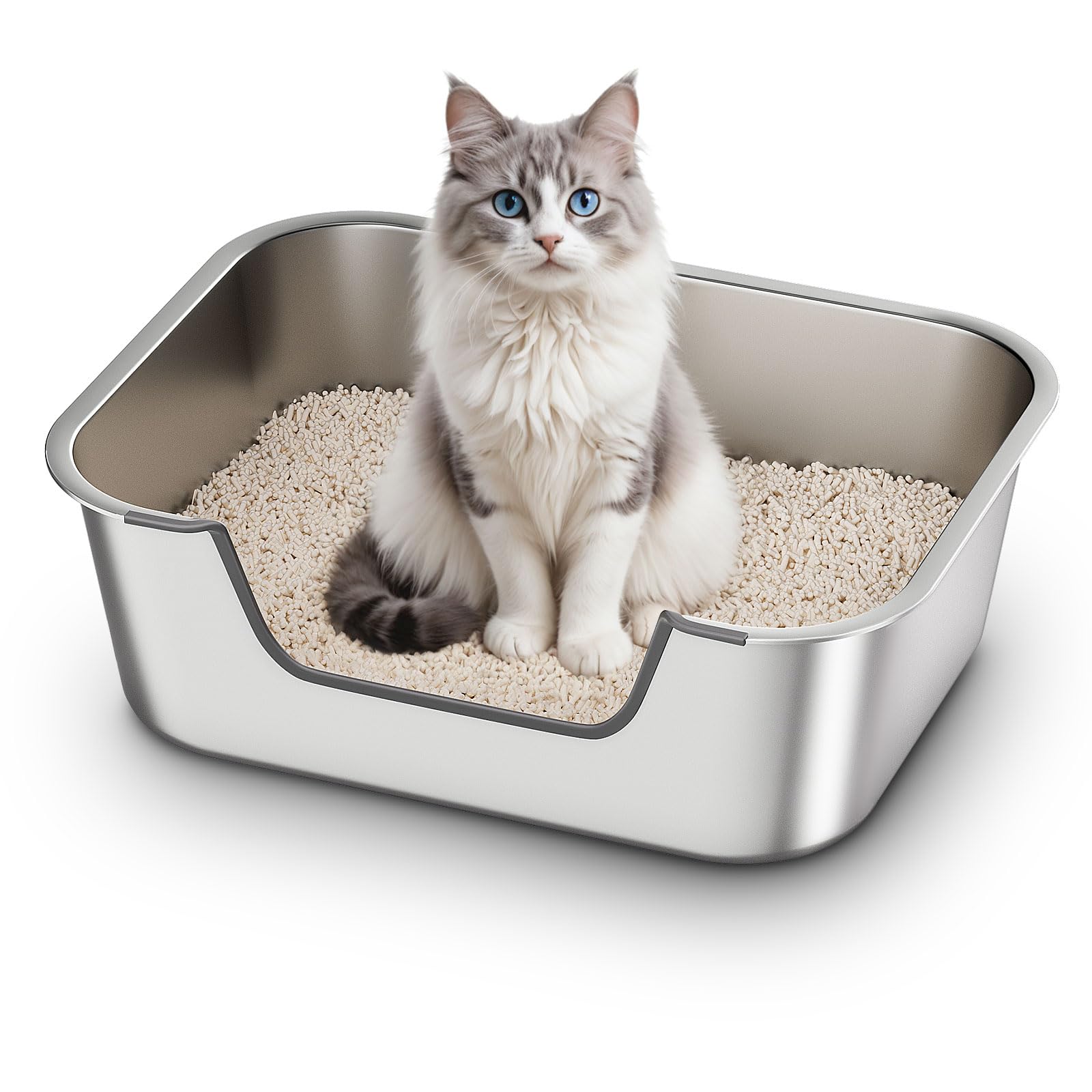 Qiuma stainless steel cat litter box front view highlights low-entry design for easy access.