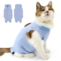 Qiyadin cat recovery suit blue medium worn on cat for post-op comfort and coverage.