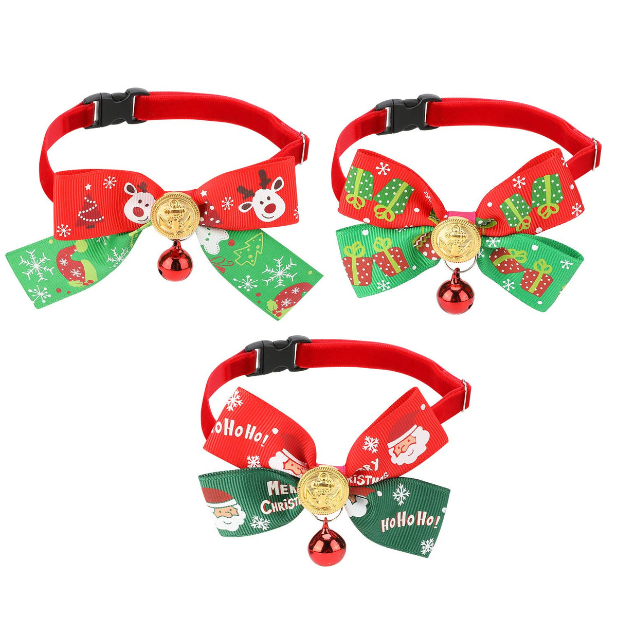 QKURT Christmas pet collar front view with festive bow tie for cats and small dogs, holiday-ready