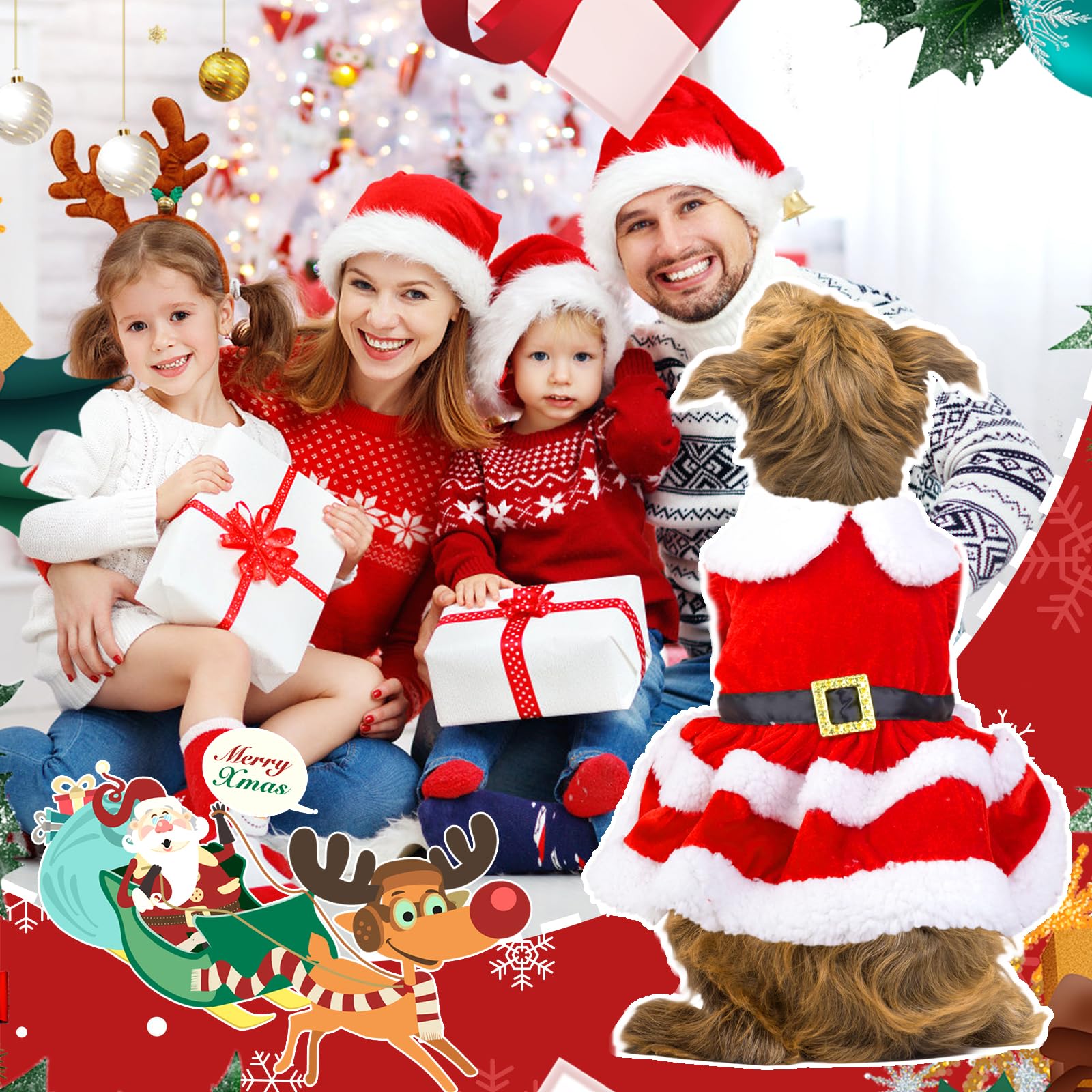 QKURT Santa dog costume 4-pcs pack offers versatile holiday looks.