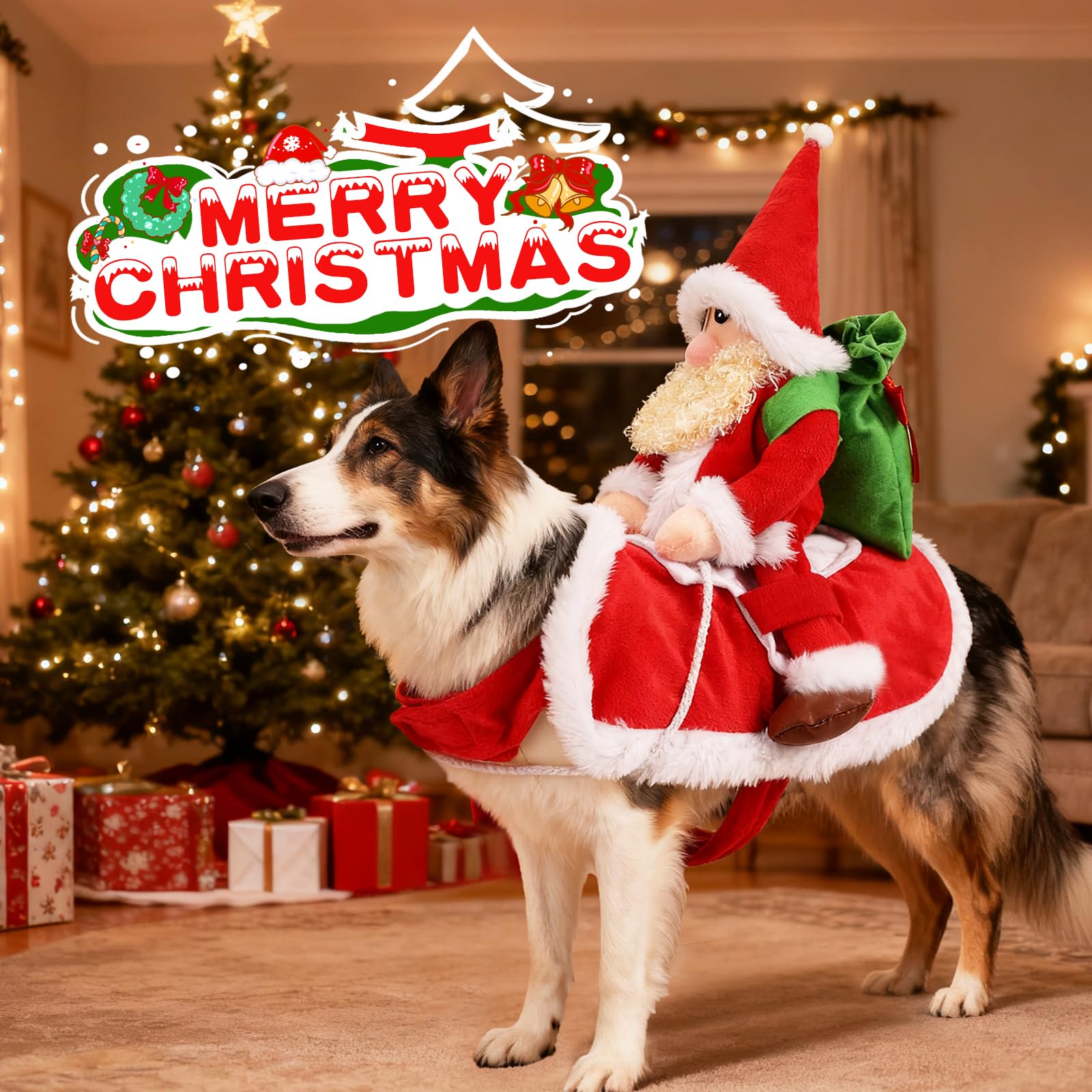 QKURT Santa Dog Costume bag-detail highlights gift-bag accent for holiday photo ops.