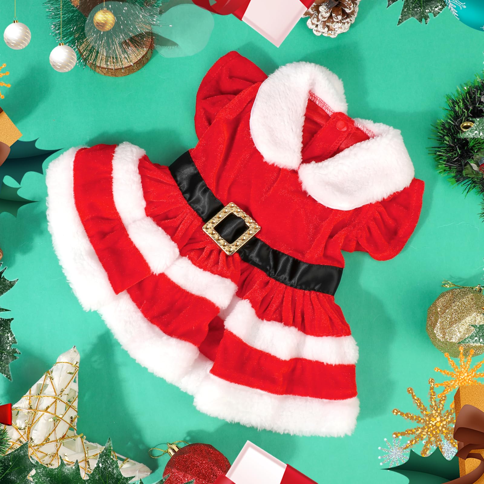 QKURT Santa dog costume belt and button detail highlights easy wear.