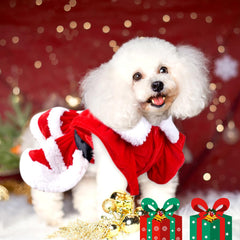 QKURT Santa dog costume white fluffy collar adds Christmas charm.