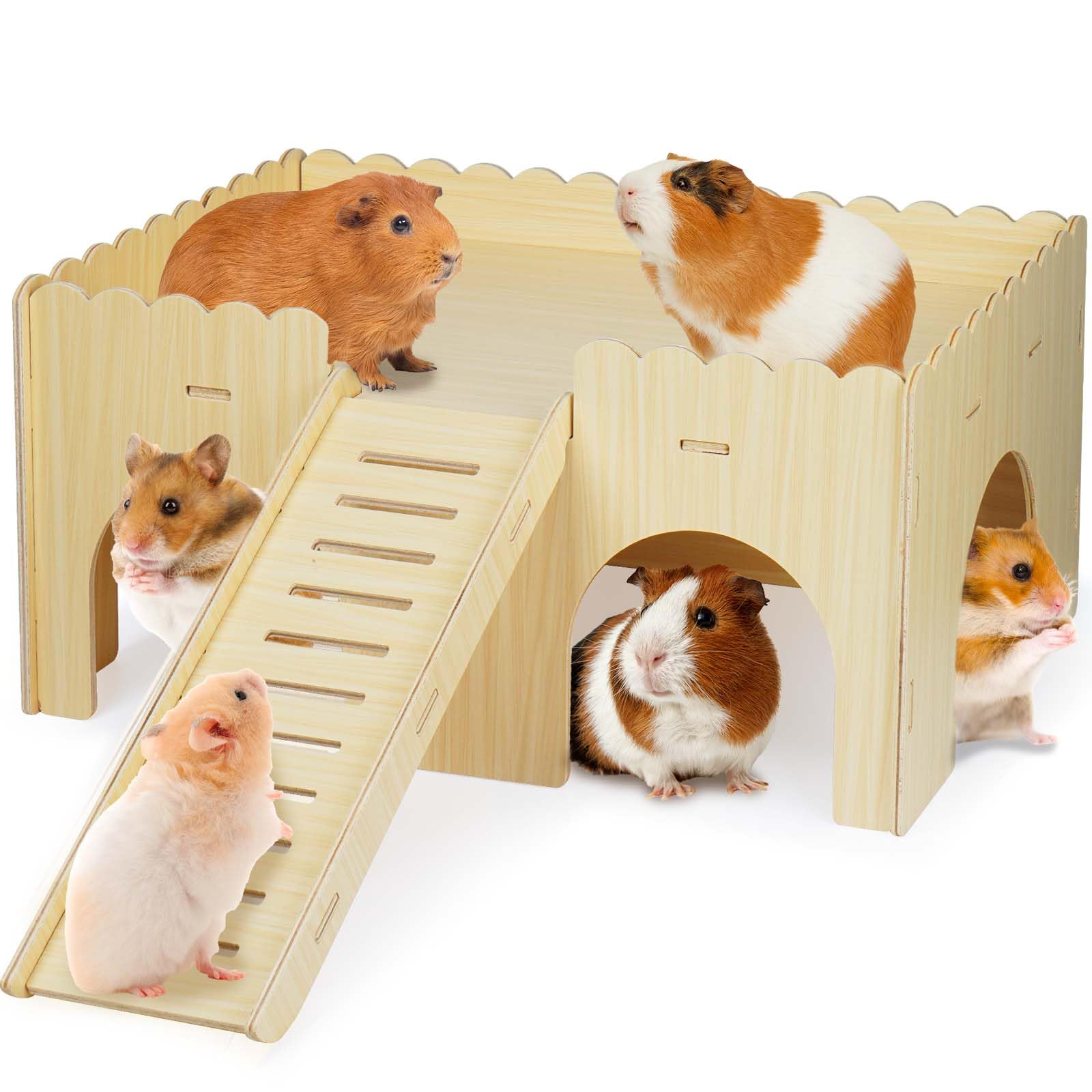 Qorviana large guinea pig hideout front view shows sturdy wood for safe play.