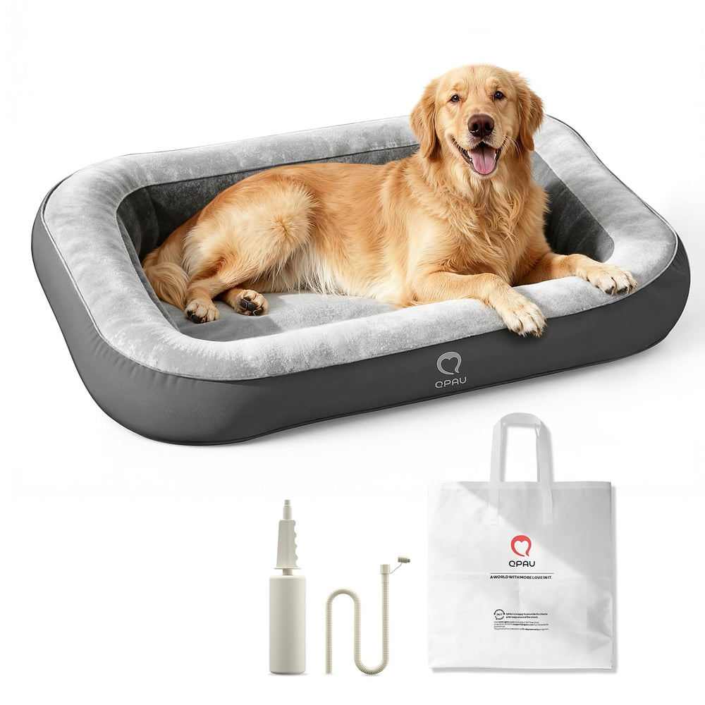 QPAU inflatable dog bed base setup demonstrates adjustable firmness for tailored comfort