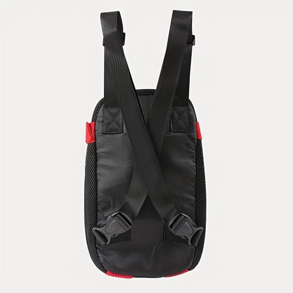 QQLe pet carrier backpack provides ventilation and pet visibility outdoors.