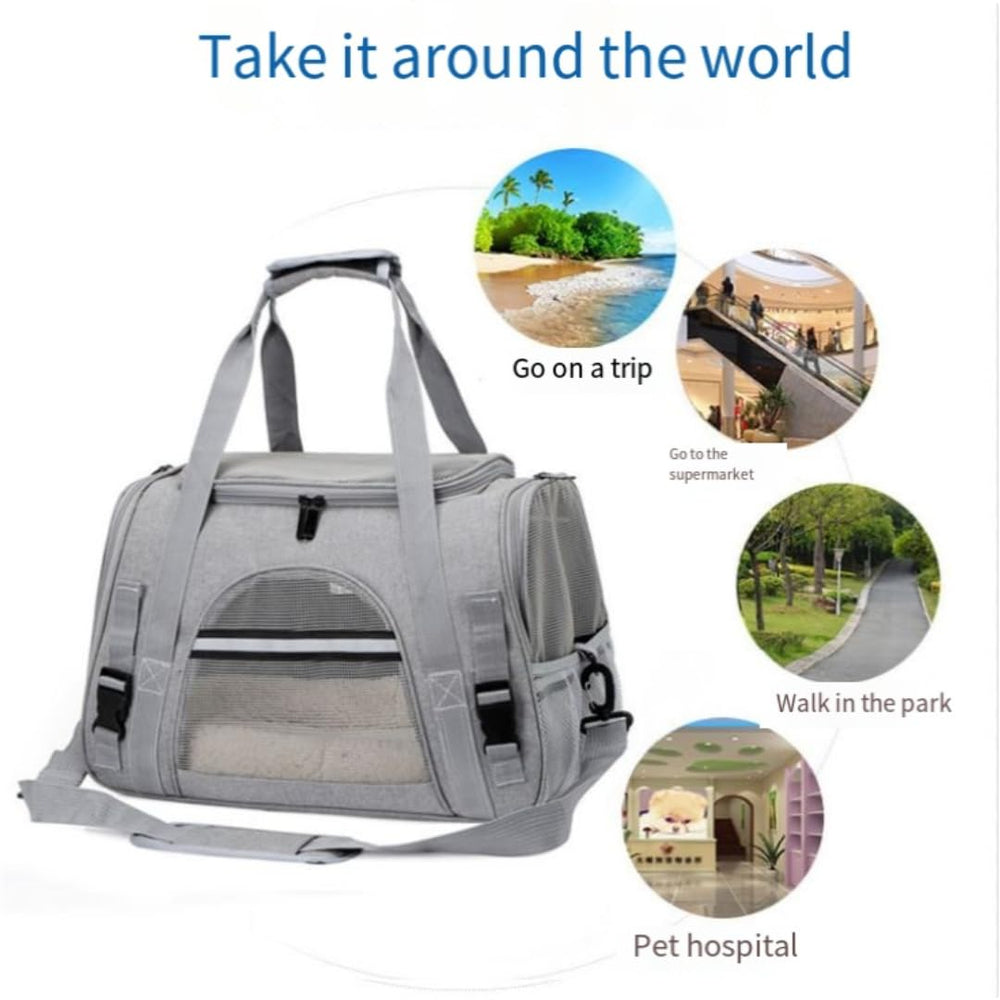 QQLe pet carrier dual handles and seatbelt attachment for secure transport.