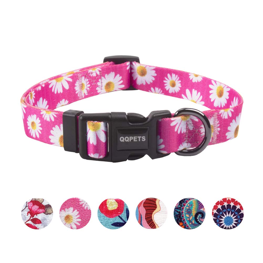 QQPETS adjustable-soft-dog-collar flower-pink-daisies front view aids visibility during walks