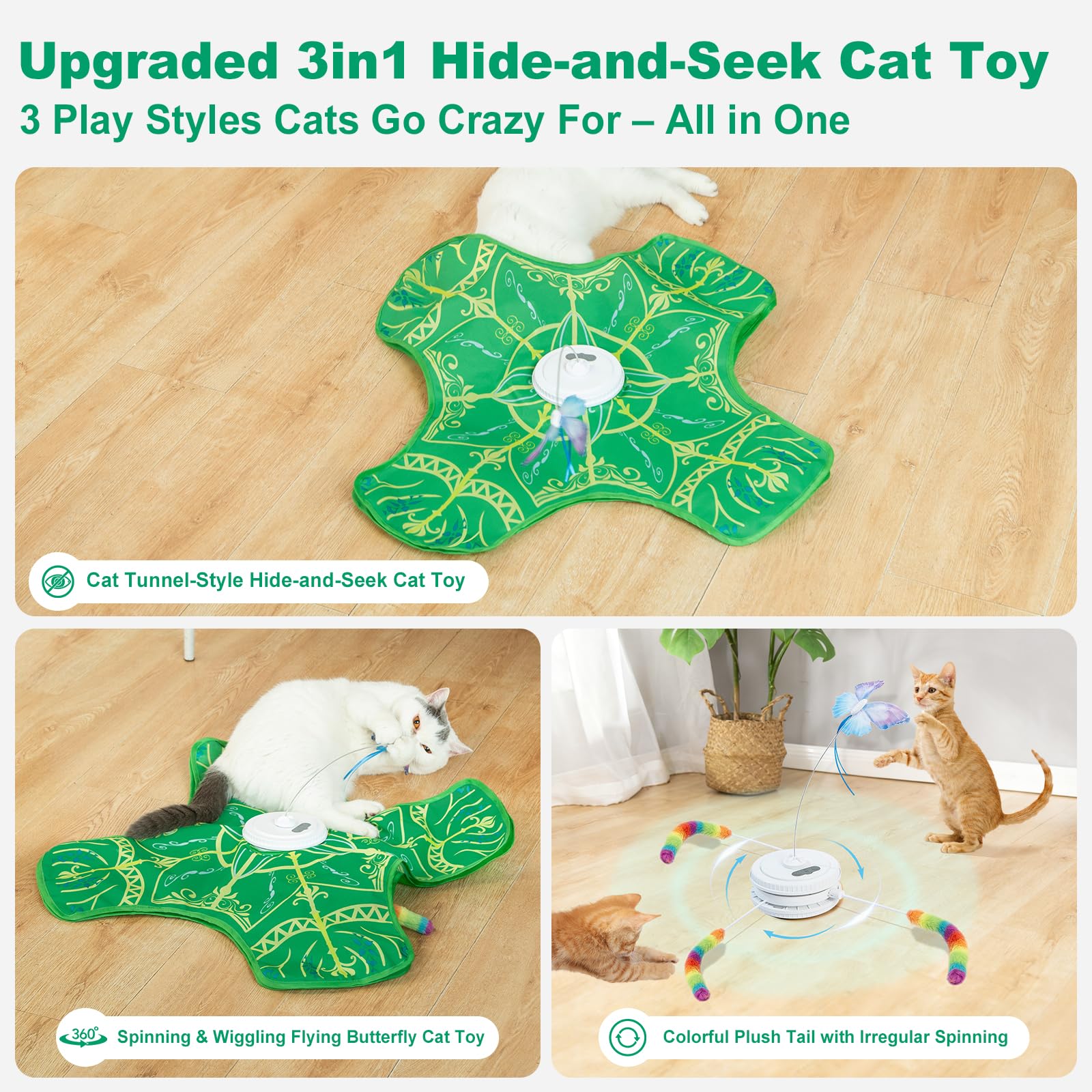 Qraxond interactive cat toy butterfly action captures lifelike flight for chasing fun