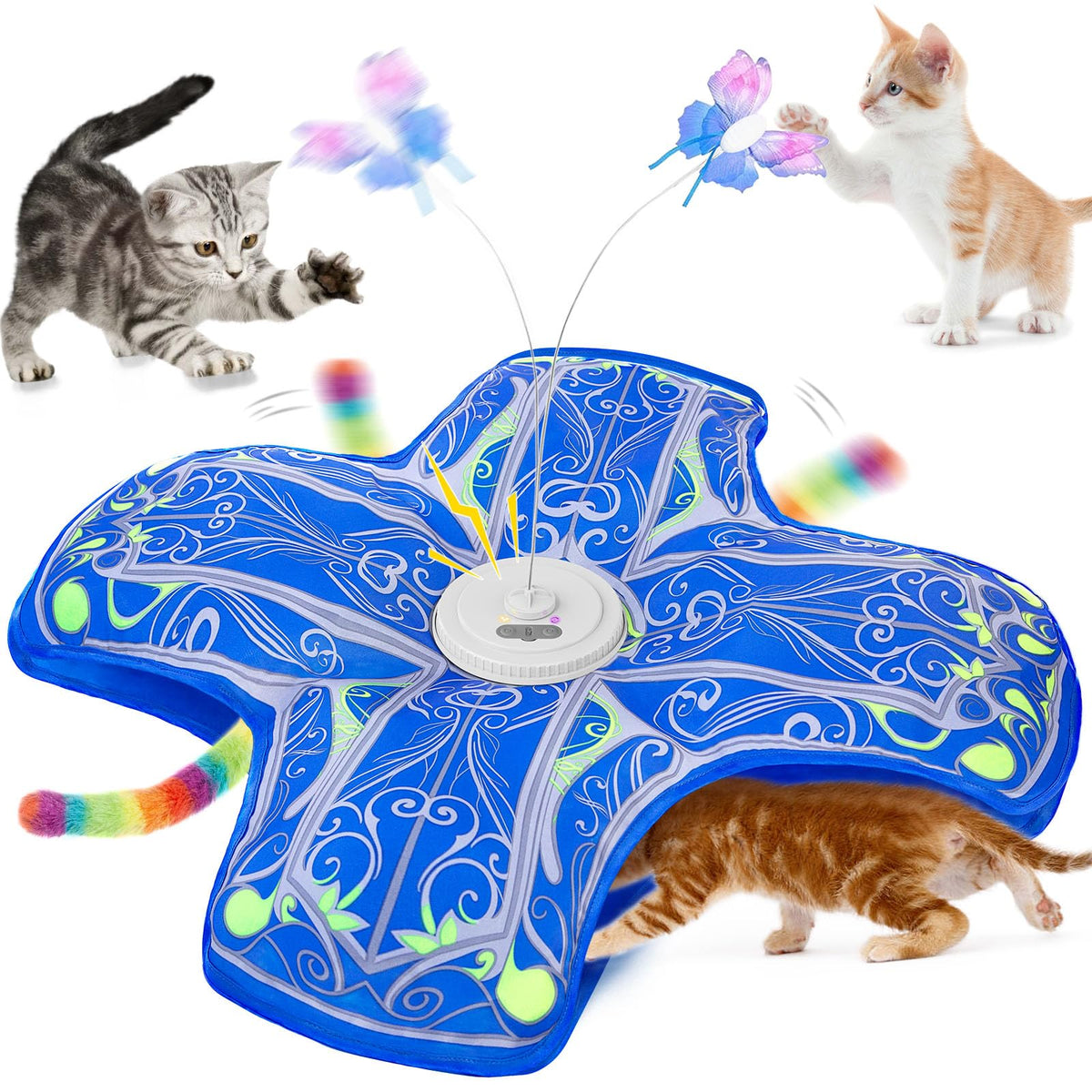 Qraxond interactive cat toy butterfly rotation demonstrates active play and chase stimulation.