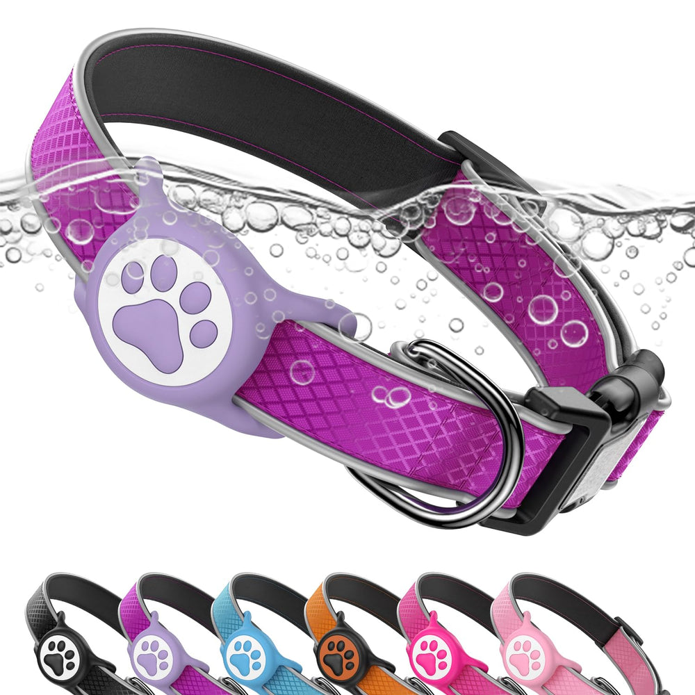 QRTAGLAB reflective dog collar with AirTag holder, waterproofing for outdoor security.