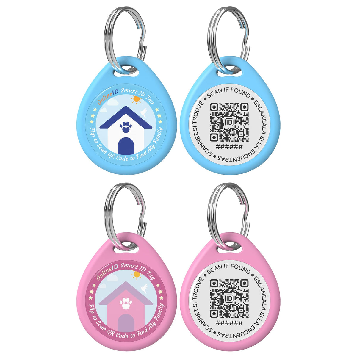 QRTAGLAB two-pack dog tags in blue and pink durable for active pets.