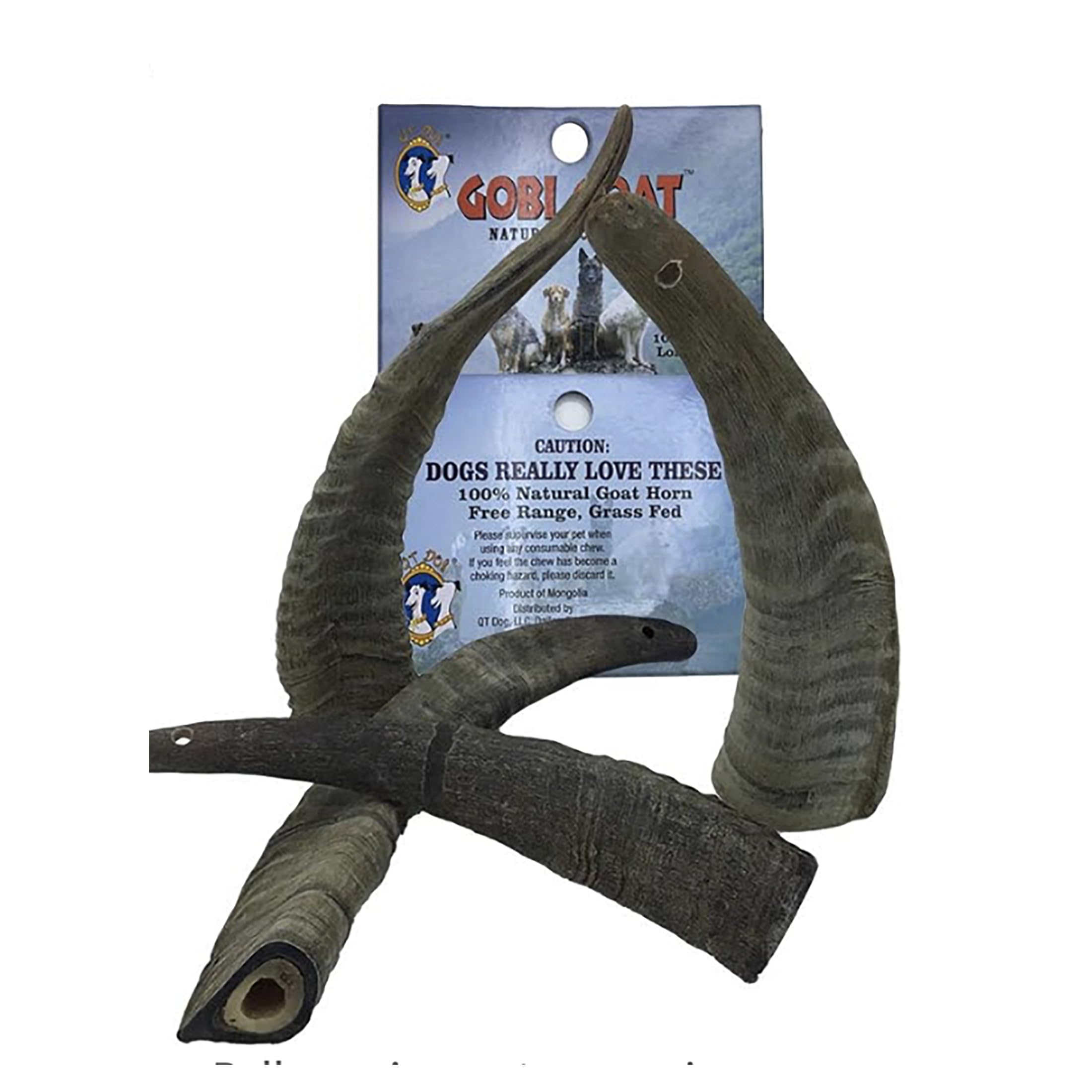 QT Dog Gobi Goat Horns small pack closeup highlights natural marrow and long-lasting chew