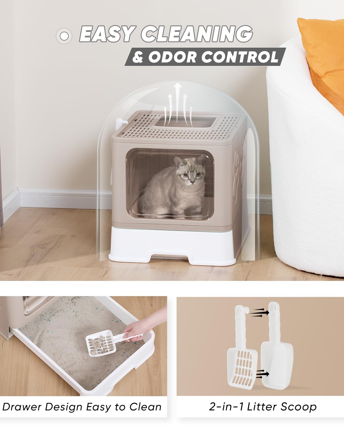 Qualasision enclosed cat litter box coffee drawer-cleaning feature simplifies tidy cleanup.