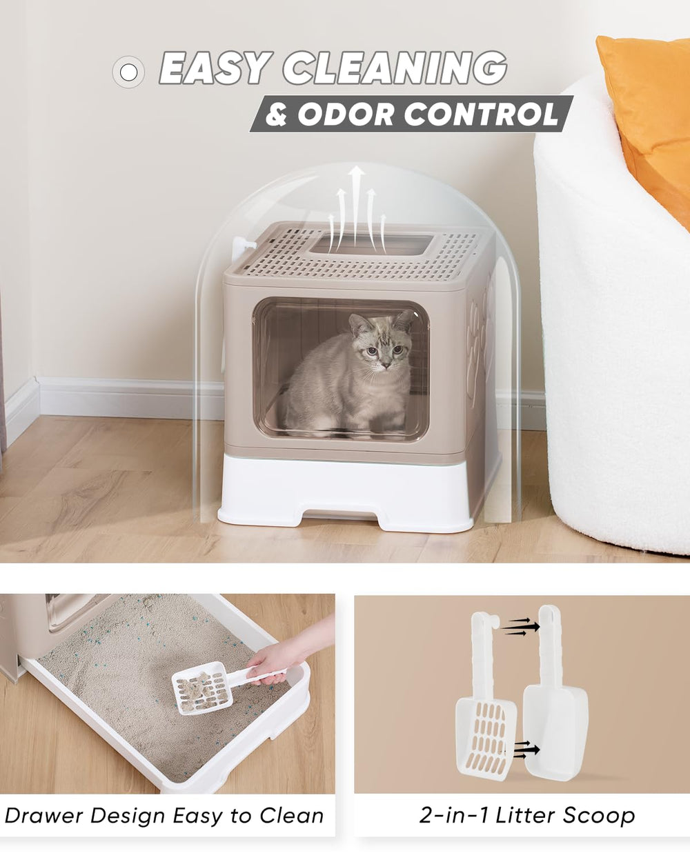 Qualasision enclosed cat litter box coffee drawer-cleaning feature simplifies tidy cleanup.