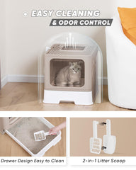 Qualasision enclosed cat litter box coffee drawer-cleaning feature simplifies tidy cleanup.