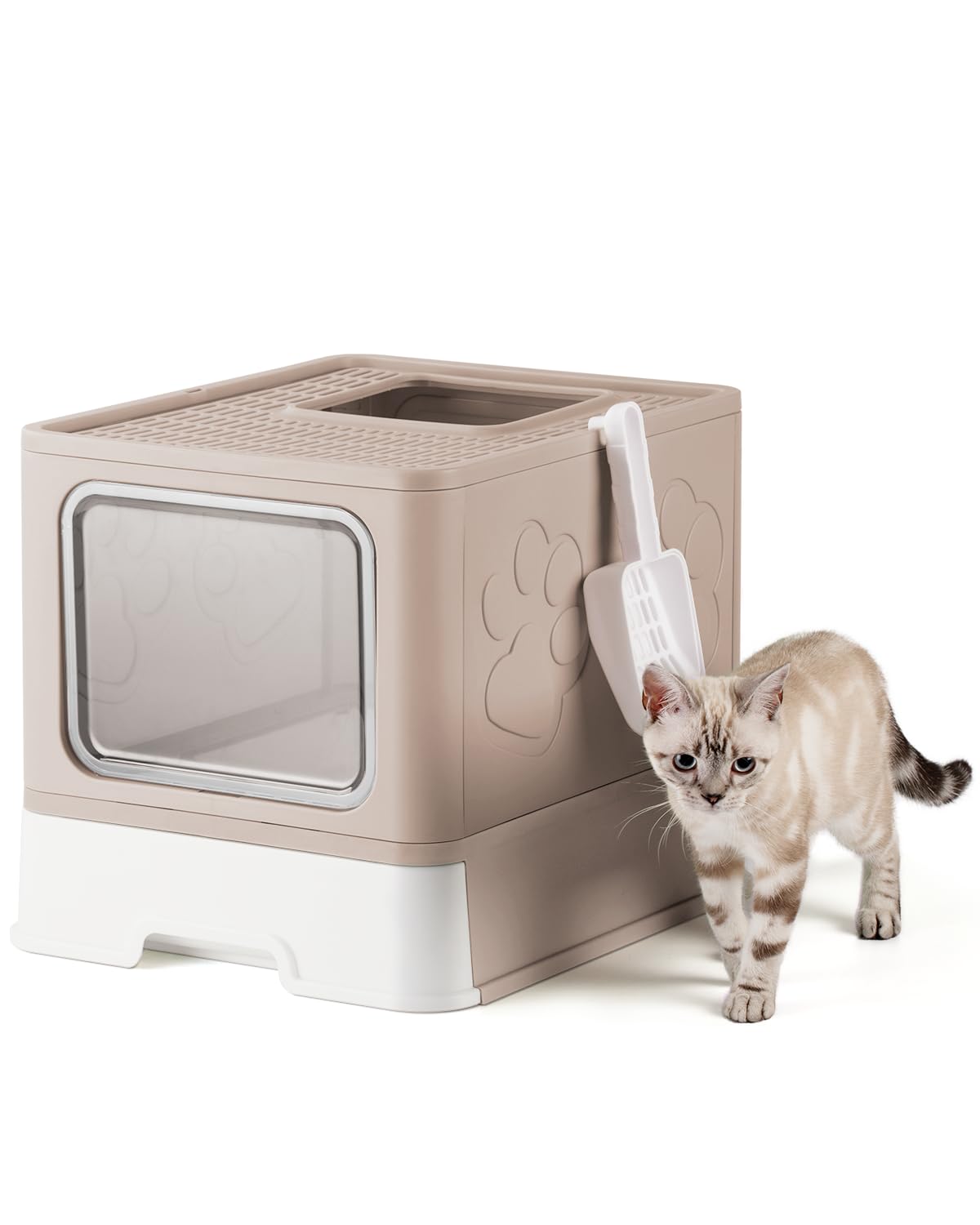 Qualasision enclosed cat litter box coffee front view shows spacious interior and odor control.