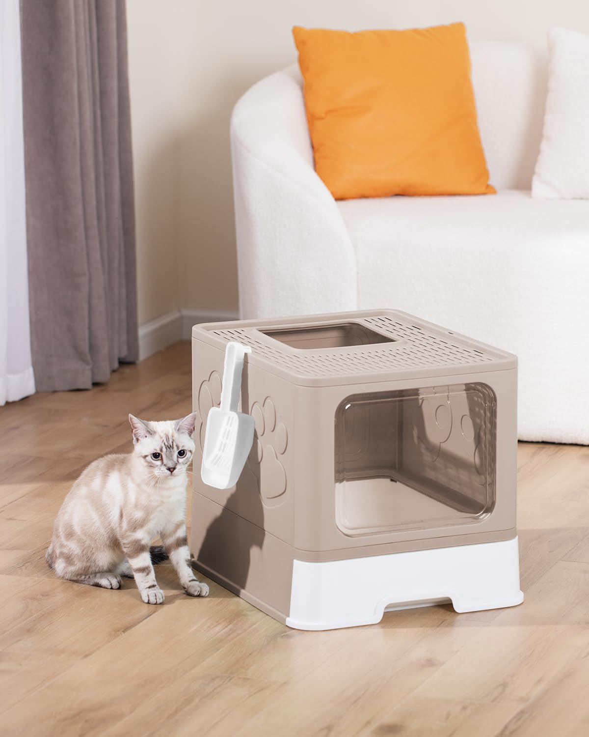 Qualasision enclosed cat litter box coffee top-entry with scoop promotes convenient maintenance.