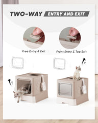 Qualasision enclosed cat litter box coffee top-entry design supports easy exit and reduced tracking.