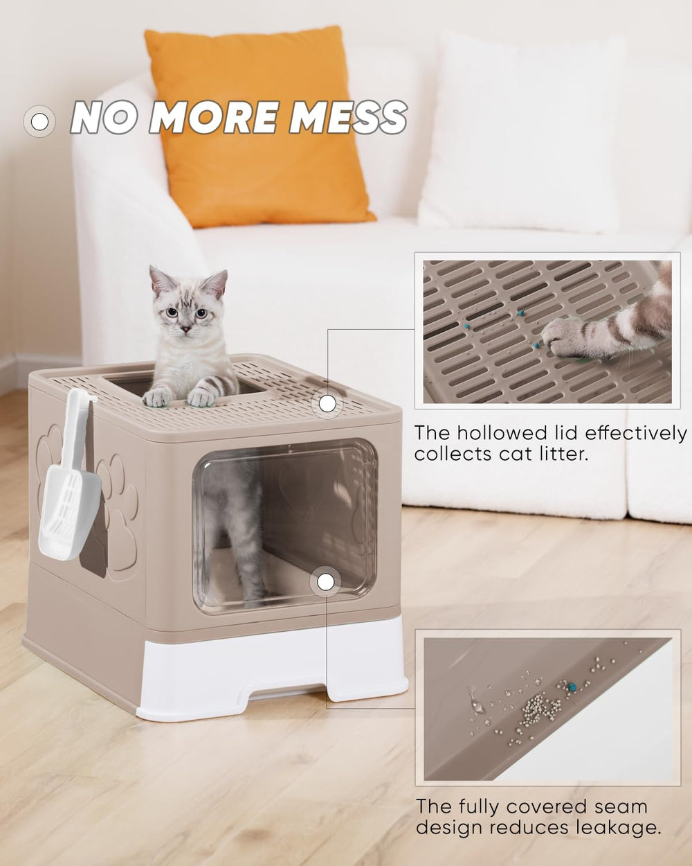 Qualasision enclosed cat litter box coffee high walls and sealed base prevent mess.