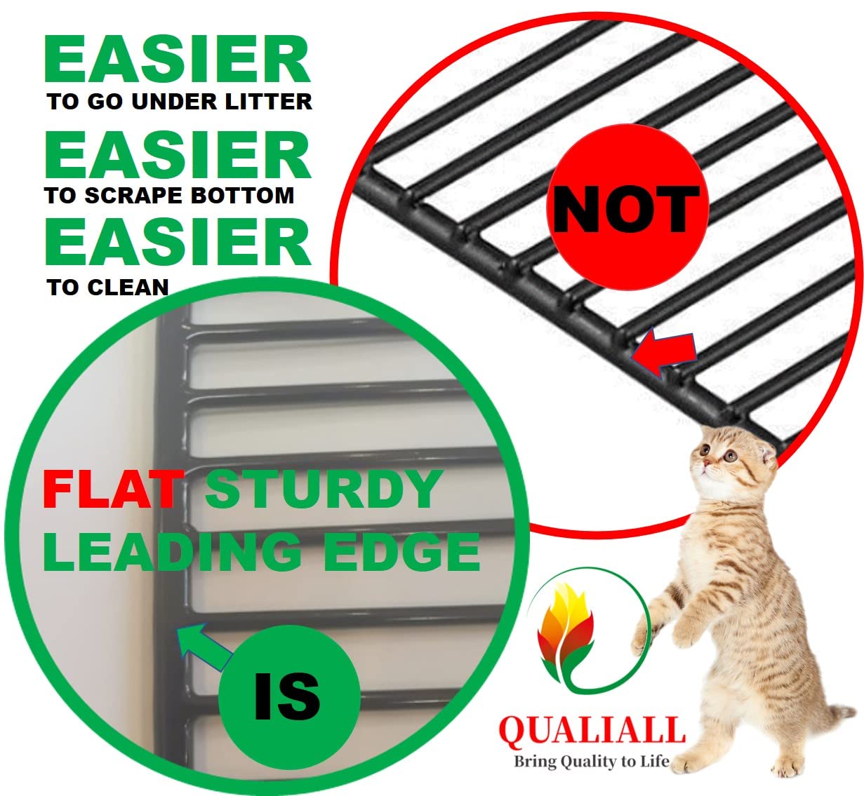 QUALIALL metal cat litter scoop stainless-steel construction signals durability.