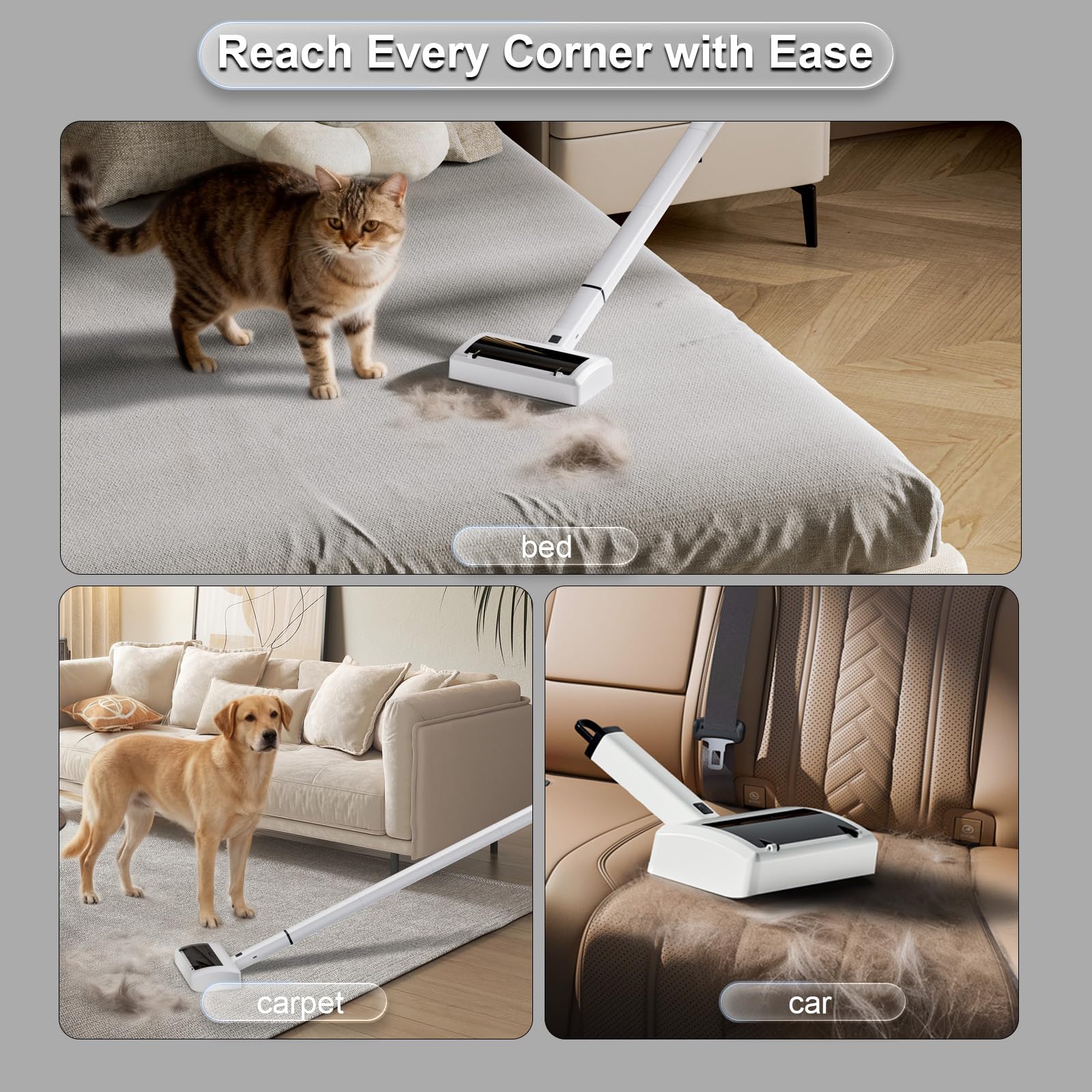 Quamkar car interior pet hair remover eases cleaning on seats and trunk.