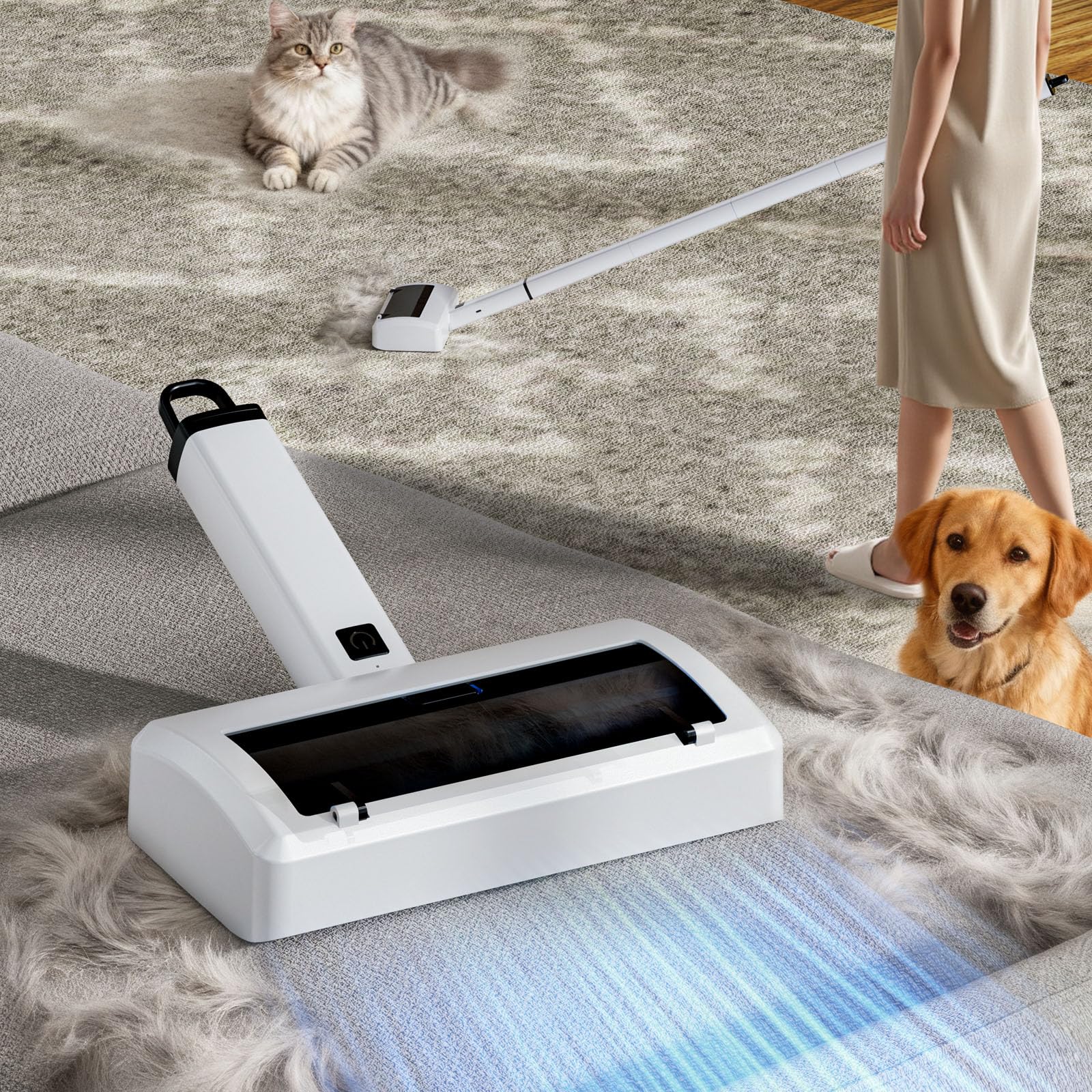 Quamkar electric carpet rake extendable handle for carpet and furniture cleaning.