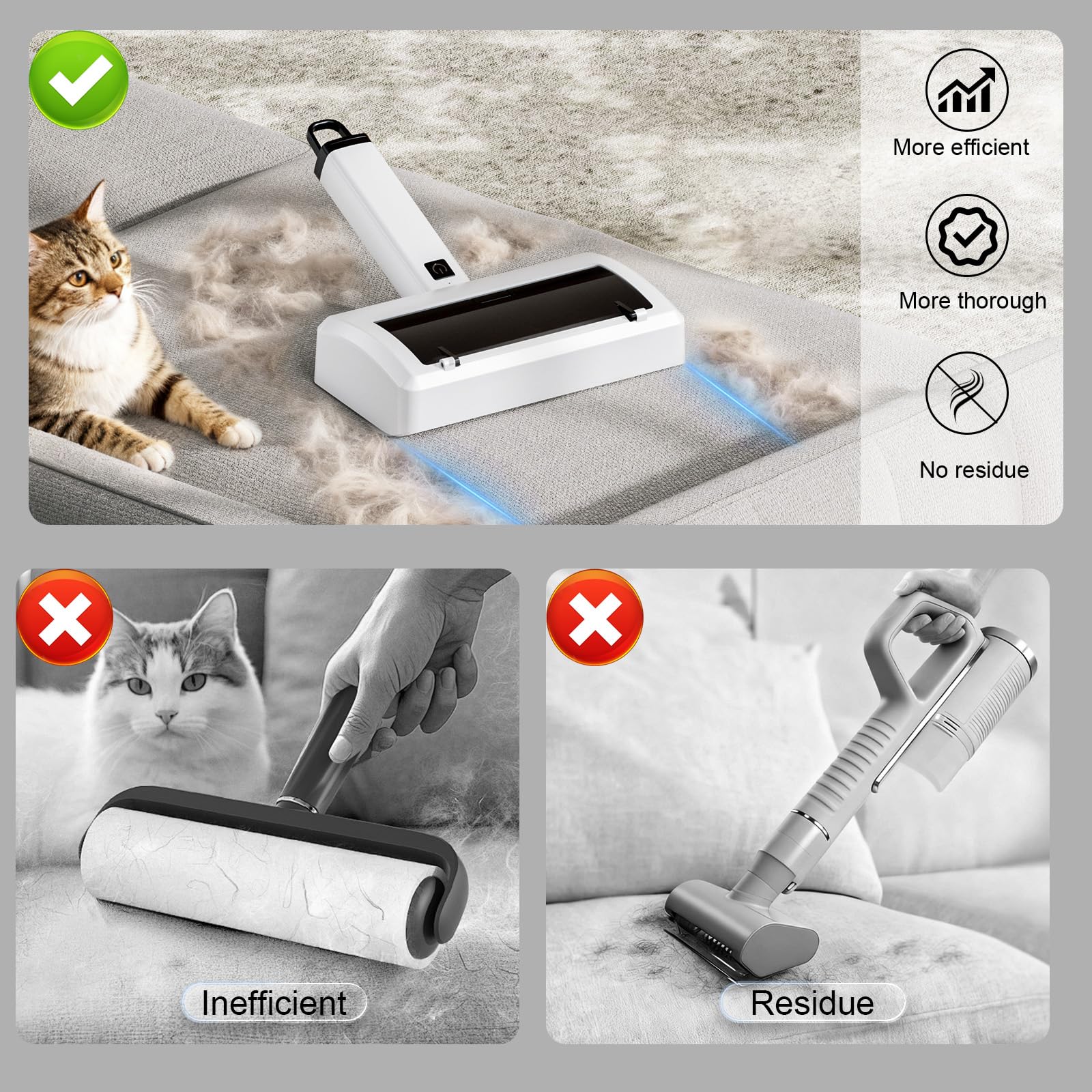 Quamkar sofa cleaning action gathers hair quickly for a tidy living space.