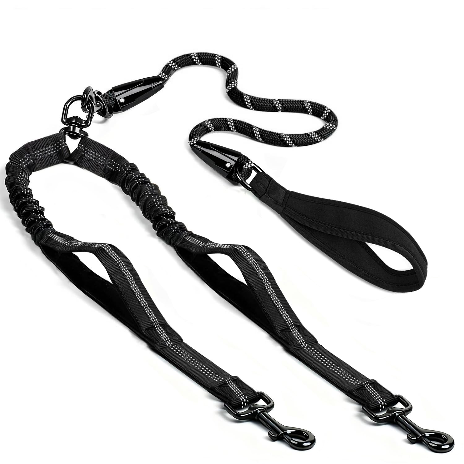 QUAN DUO DUO double dog leash no-tangle design supports walking two dogs with one hand.