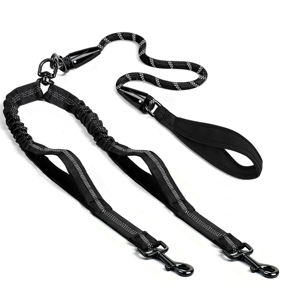 QUAN DUO DUO double dog leash no-tangle design supports walking two dogs with one hand.