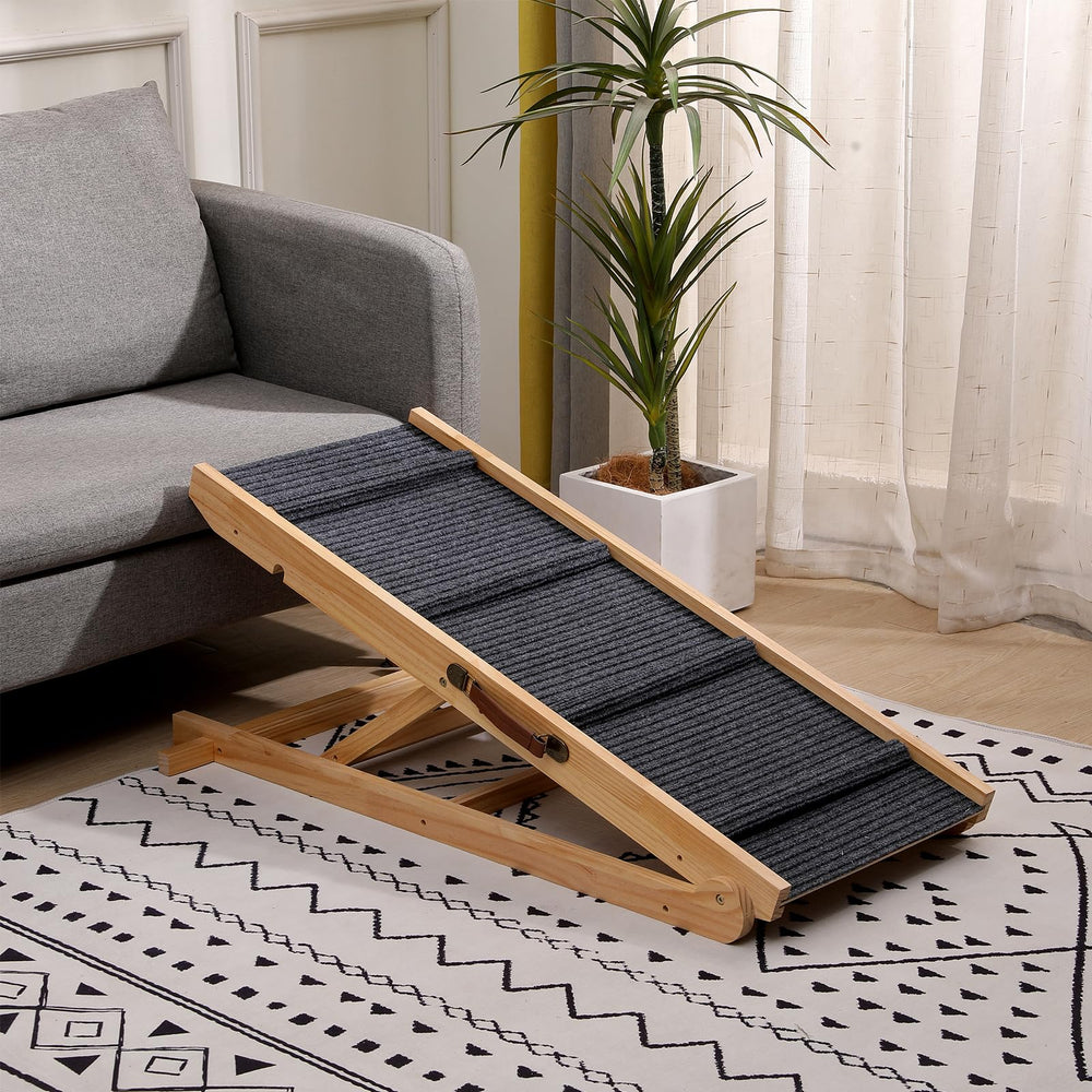 QUCHRYO foldable wooden dog ramp assembled side view shows sturdy construction for safe pet access.