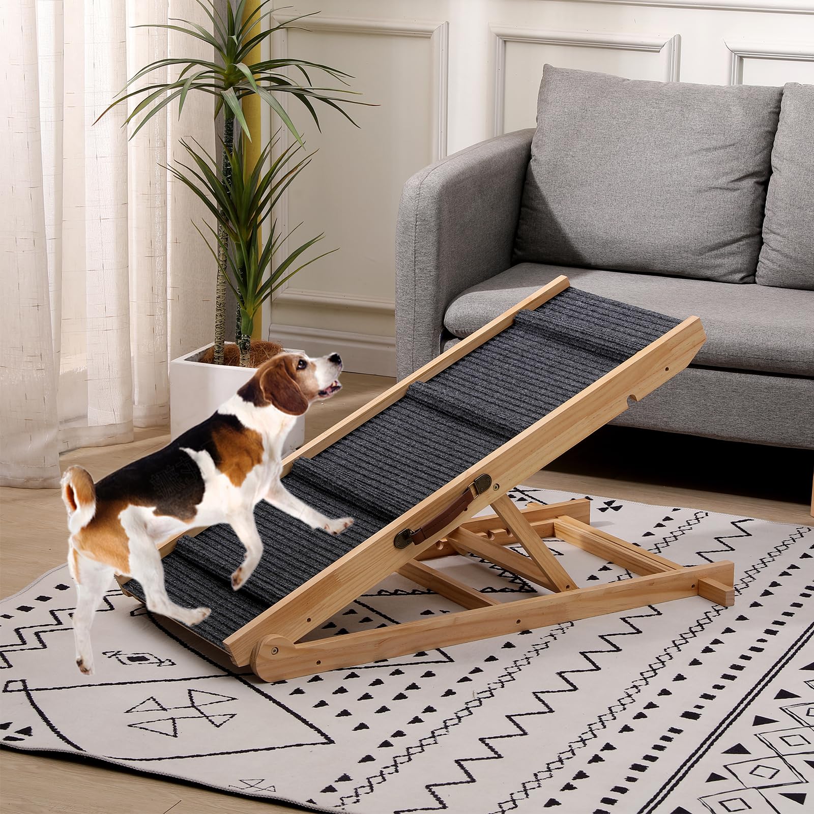 QUCHRYO foldable wooden dog ramp five-level height adjustment fits various furniture heights.