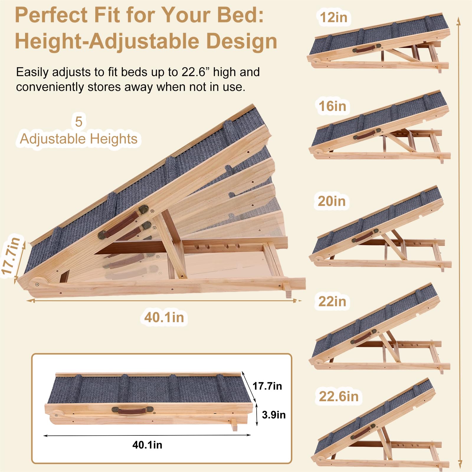 QUCHRYO foldable wooden dog ramp non-slip surface offers secure grip on stairs or furniture.